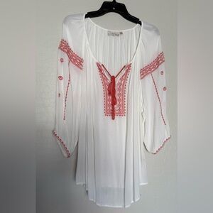 Kenar Embroidered White and Red (orange) Women's Top floaty Bohemian style shirt